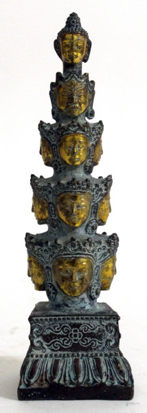 Divinità, antica scultura multifaccia in bronzo, cm h 18, arte orientale
