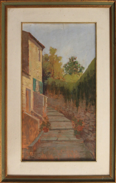 Adolfo Tommasi - Esterno di casolare, olio su tavola, cm 53 x 27, entro cornice.