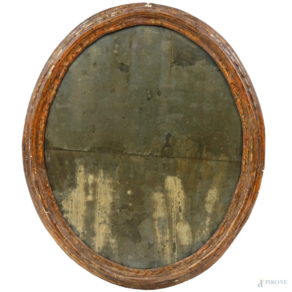 Specchiera ad assetto ovale del XVIII secolo, in legno argentato a mecca con specchio a mercurio, misure ingombro cm 90x76, misure battuta cm 78x64,5, (difetti, specchio rotto)