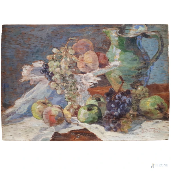 Nicola Fabricatore (1888-1962) Natura morta con frutta e brocca, primi del Novecento, olio su tavola, cm 35x51, firmato