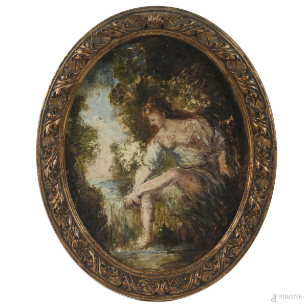 Fanciulla al ruscello, XX secolo, olio su tela applicata su tavoletta a serto ovale, cm 28,5x22, firmato in basso, entro cornice, (lievi segni di usura)