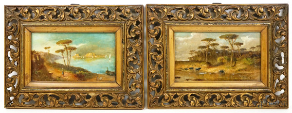 Coppia di paesaggi, olio su tavola, cm 11x18, di cui uno firmato, entro cornici
