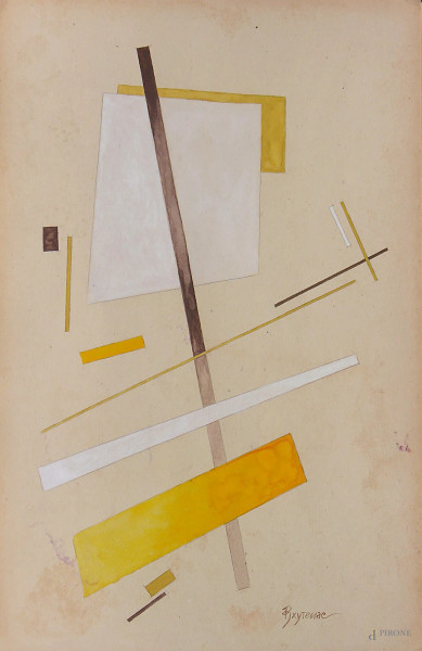 Artista russo del Novecento, composizione suprematista con forme geometriche, tempera su carta, cm 20x30, iscrizione in caratteri cirillici, in cornice  