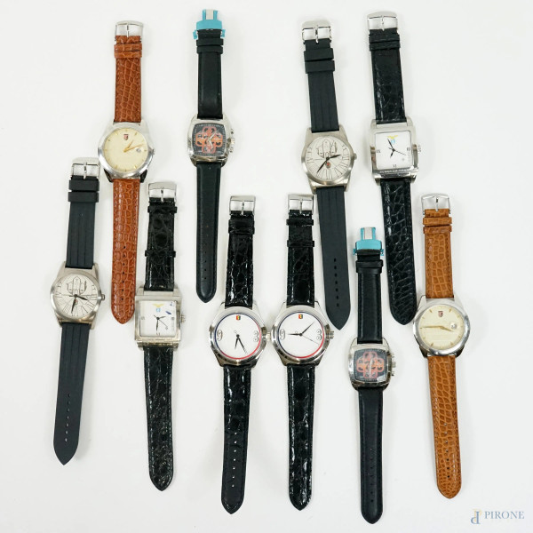 Lotto di dieci orologi da polso da uomo, cinturini in cuoio, marche diverse, lunghezza cm 24,5, (segni del tempo, meccanismi da revisionare).