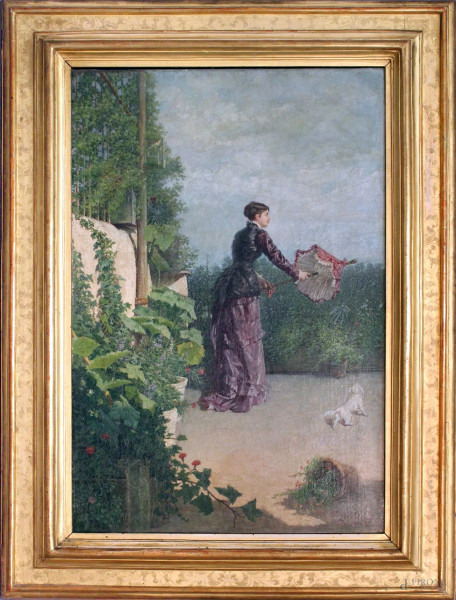 Vincenzo Dattoli - Donna con ombrello, olio su tela, cm 91 x 60, entro cornice.