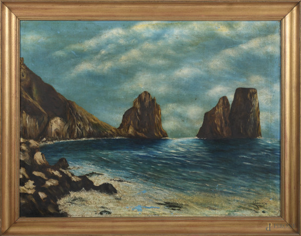 Scorcio di costa, XX secolo, olio su tela, cm 60x80, firmato in basso a destra, entro cornice, (tracce di battitura del telaio, segni di usura)