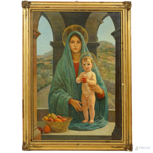 Giuseppe Carosi - Madonna con Bambino, olio su tela, cm 90x60, firmato in basso a destra, entro cornice