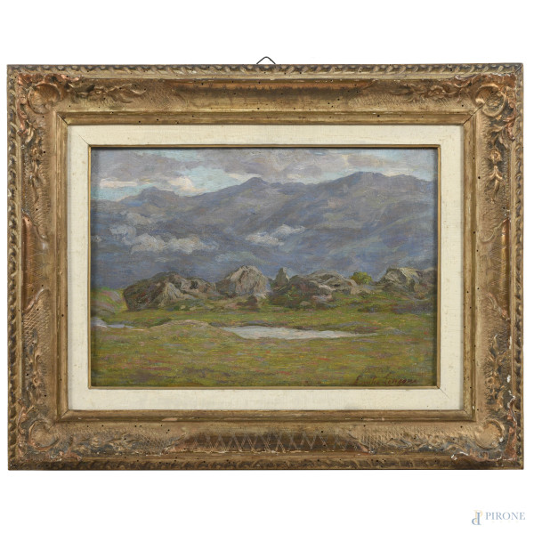 Paesaggio montano, inizio del XX secolo,  olio su cartone telato, cm 27x40, firmato in basso a destra, entro cornice