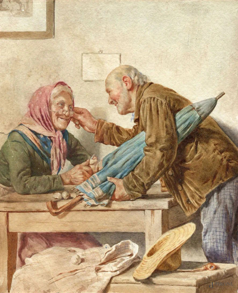 Eugenio Zampighi (1859-1944) attr., Scena famigliare, acquarello su carta, cm 24x20, entro cornice.