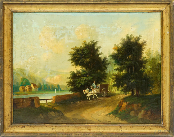 Paesaggio fluviale con viandanti, olio su tela, XX secolo, cm 49x65, entro cornice