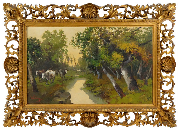 Tommaso Barbalonga - Paesaggio fluviale con armenti, olio su tavola, cm 60x95, entro cornice.