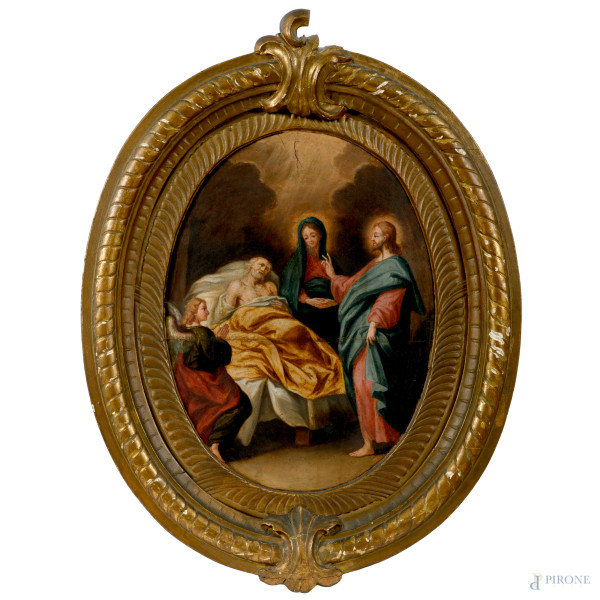Morte di San Giuseppe, XIX-XX secolo, olio su tavola a serto ovale,43,5x32, entro cornice
