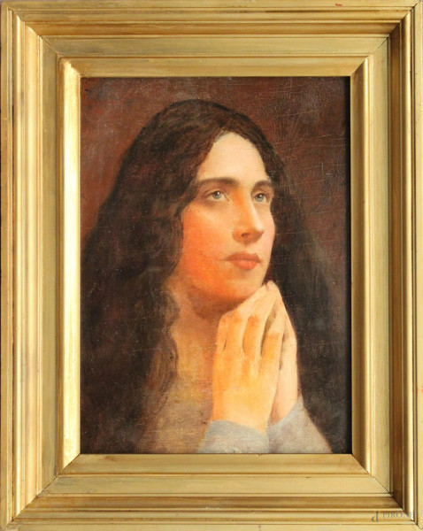 Volto di donna in preghiera, olio su tavola, 40x30 cm, primi 900, entro cornice.