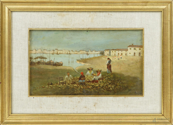 La raccolta, olio su zinco, fine XIX secolo, cm 19x32, entro cornice (difetti)