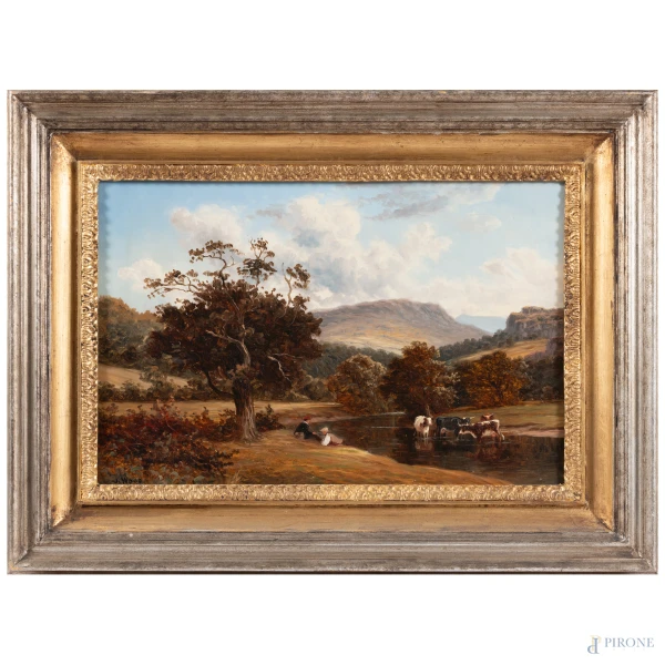 Paesaggio con figure e armenti, XIX-XX secolo, olio su tela, cm 41x60, firmato in basso a sinistra, entro cornice