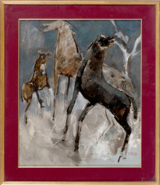 T. David, Cavalli, olio su tela, cm 60x50, firmato in basso a destra, entro cornice
