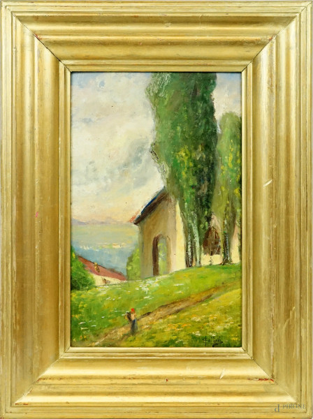 Scorcio campestre con figura, olio su cartone, cm 34x22, firmato, entro cornice.