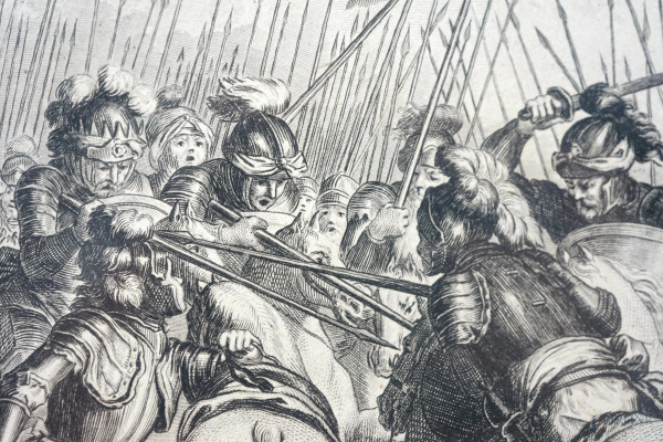 Lotto di due stampe raffigutanti episodi dell'Orlando Furioso, riproduzioni del XX secolo, misure...