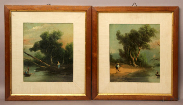 Coppia di paesaggi fluviali con figure, olio su tela, cm 18x15,5, XIX sec., entro cornici.