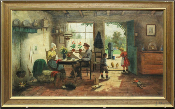 Interno con figure, dipinto ad olio su tela firmato, primi Novecento, cm 83 x 48, entro cornice.