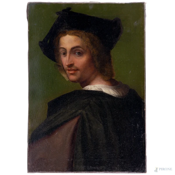Ritratto virile (da Andrea Del Sarto), XVIII-XIX secolo, olio su tela, cm 59,5x41, (graffi, segni di usura)