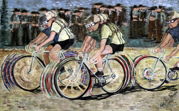 Adelmo Franchi - Ciclisti, olio su tela, 52x83 cm, entro cornice