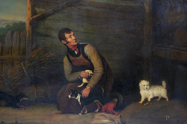 Henry Barnard Chalon (1770-1849) Uomo con cani, olio su tela, cm 62,75 entro cornice, firmato e d...