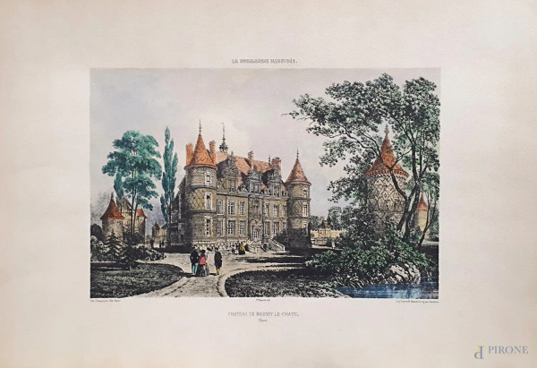 F&#233;lix Benoist - Chateau de Boissey Le Chatel, litografia finemente acquarellata a mano, cm 34x49