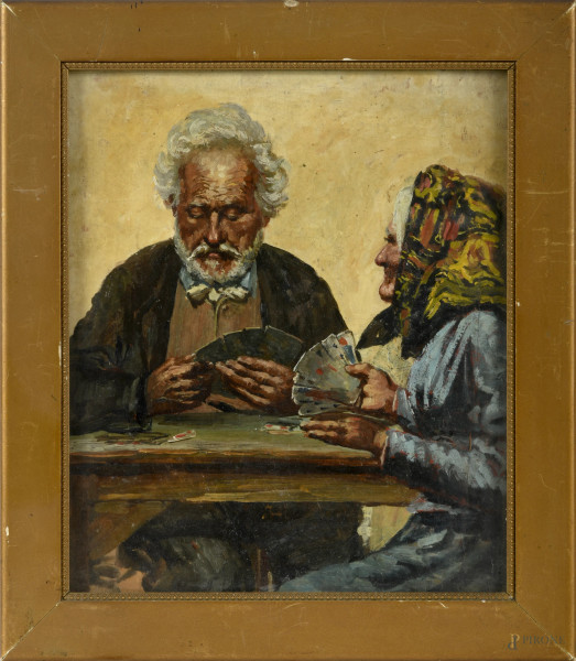 Giocatori di carte, olio su compensato, XX secolo, cm 22x19, entro cornice, (difetti)