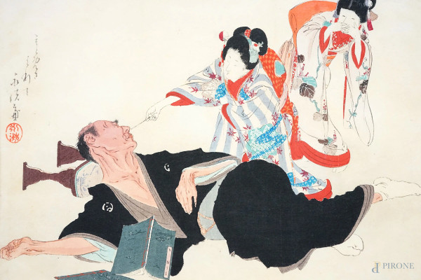 Lo scherzo, stampa a colori, cm 20x26, recante iscrizioni e timbro, Giappone, XIX secolo,  (difetti).