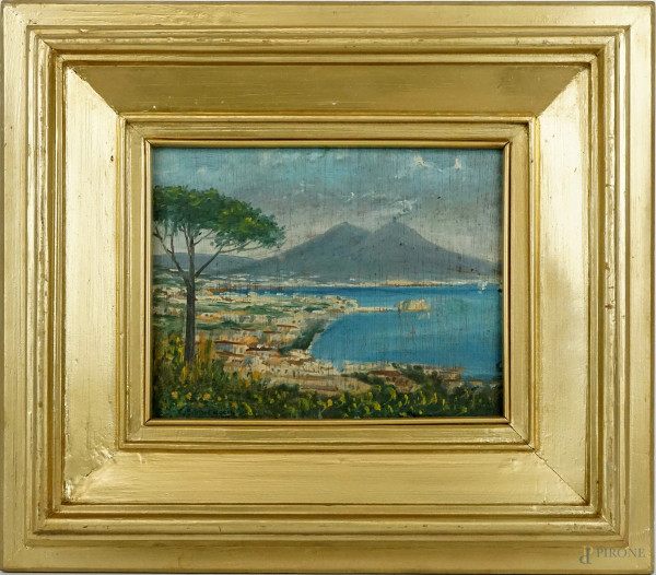 Golfo di Napoli, olio su tavola, cm 19x24, firmato, entro cornice.