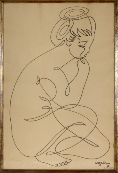 Figura femminile, pennarello su carta, firmato e datato in basso a destra "56", cm 76x50,5, entro cornice