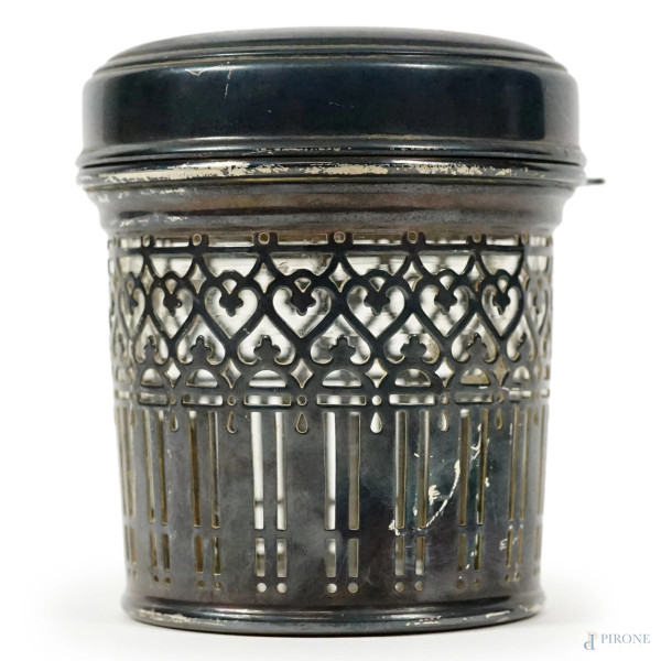 Barattolo in argento Tiffany & Co, interno in vetro, cm 9x8, peso gr. 125, (difetti)