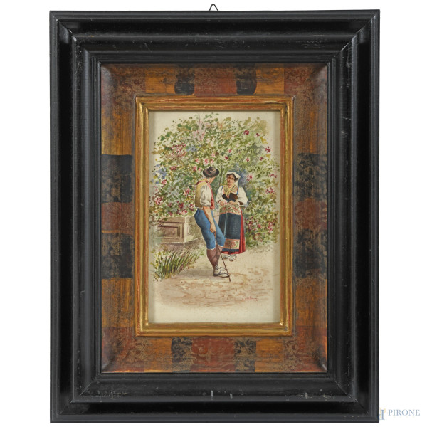 Coppia di acquerelli con figure popolari, XX secolo, cm 19,5x12, firmato in basso a destra, entro...