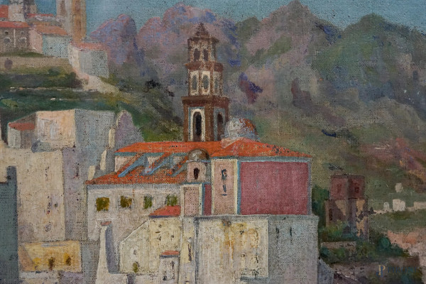 Costiera amalfitana, tela applicata su tavola, cm 58x77,5, firmato in basso a sinistra, entro cor...