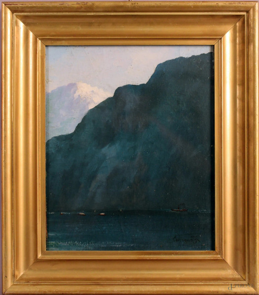 Paesaggio montano con lago, olio su cartone telato, cm. 34x27, firmato entro cornice.