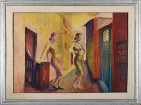 Alberto Bragaglia (1896 – 1985), Donne nel vicolo (recto) - Paesaggio (verso), tecnica mista su carta, cm 68x98, firmato e datato "1952", entro cornice