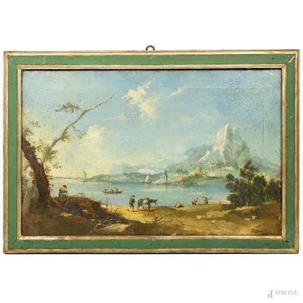 Pittore veneziano del XIX-XX secolo, Paesaggio costiero con viandanti, olio su tela, cm 35x55