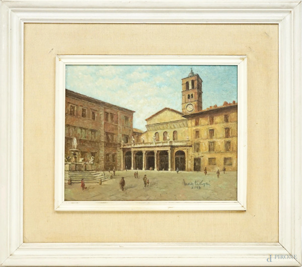 Santa Maria in Trastevere, olio su tela, cm 20,5x25,5, firmato e datato, entro cornice