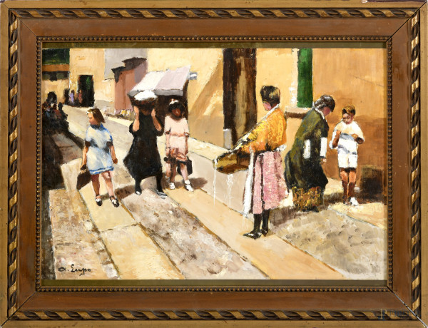 Lungo la via, olio su compensato, XX secolo, cm 30x45, entro cornice, firmato in basso a sinistra