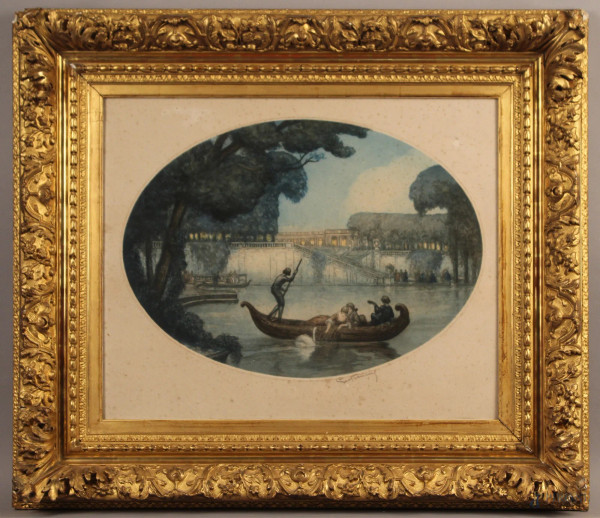 Scorcio di villa con scena romantica, acquaforte ad assetto ovale, 49x59 cm, primi 900, entro cornice.
