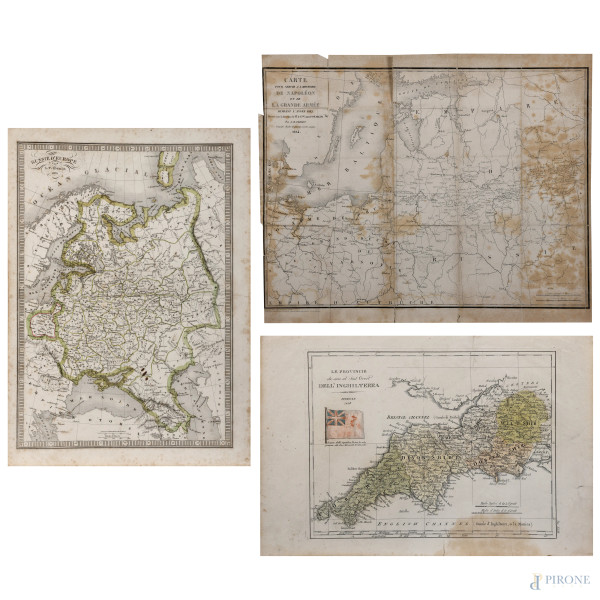 Lotto di tre cartine geografiche, XX secolo, misure massime cm 39,5x48,5, (segni di usura, tracce di umidità, gore, foxing, lacerazioni della carta, tracce di piegatura)