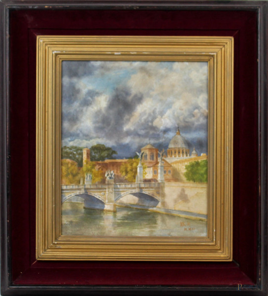 Scorcio su Ponte Sant'Angelo, acquarello su carta, cm 31x26, siglato, entro cornice.