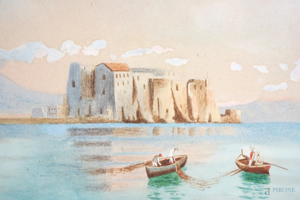 Lotto composto da cinque acquarelli su carta raffiguranti vedute del Golfo di Napoli e pescatori,...