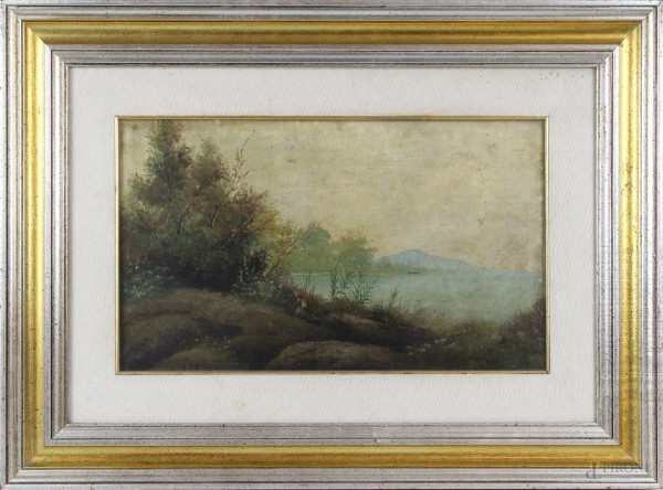 Paesaggio con lago e figura, olio su tela, cm 30x50, firmato, entro cornice