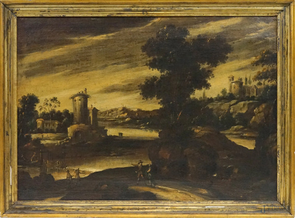 Pittore del XVIII secolo, Paesaggio fluviale con viandanti, cm 66x93.5, entro cornice.