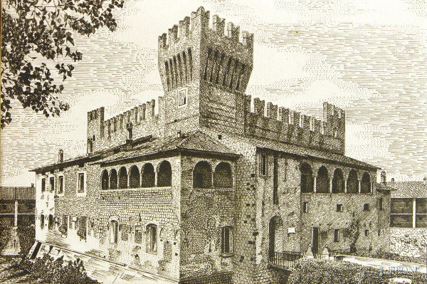 Veduta di castello medioevale, inchiostro su tela firmato, cm 40 x 30.
