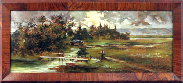 Paesaggio fluviale con figura, olio wu tavola, cm. 40x100, firmato entro cornice.