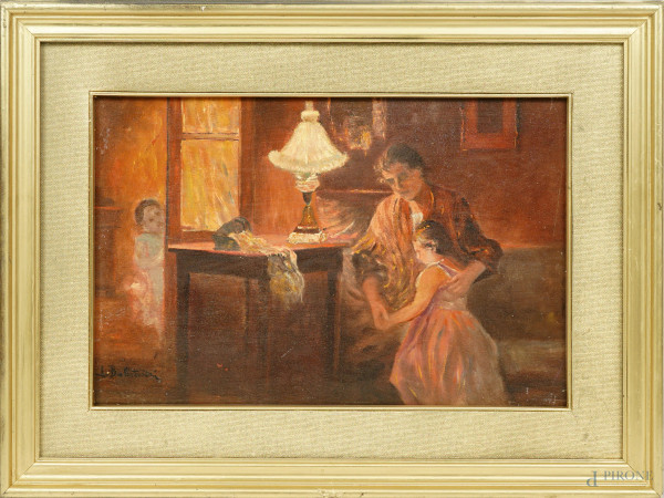 Interno con figure, olio su compensato, cm 25,5x37,5, firmato, entro cornice. (Difetti)