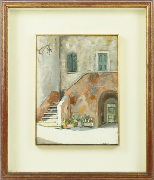 Camillo Cocchetti - Vecchie mura a Capalbio, olio su masonite, cm 24x18, entro cornice, con allegata autentica su fotografia